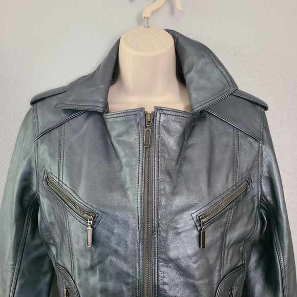 Aviatrix Women 100%  Leather Jacket Biker Rock Fitted silver gunmetal zipper M - Picture 4 of 11
